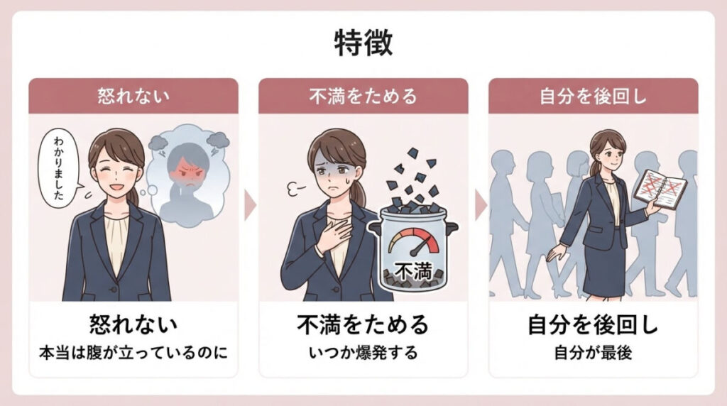 特徴：怒れない・不満をためる・自分を後回しのイメージ画像